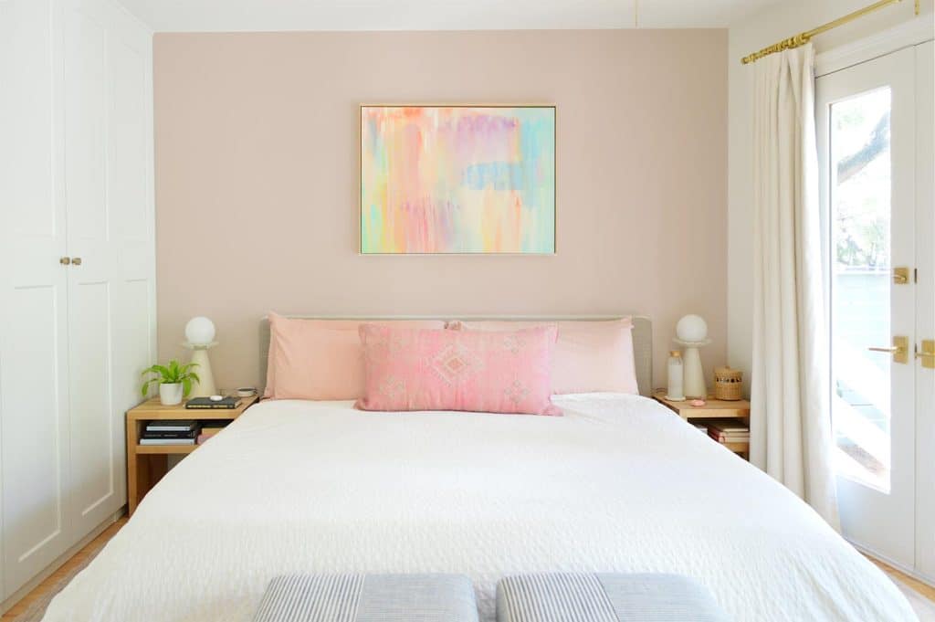 Photo Mock Up Of Bedroom With Pink Accent Wall Behind Platform Bed